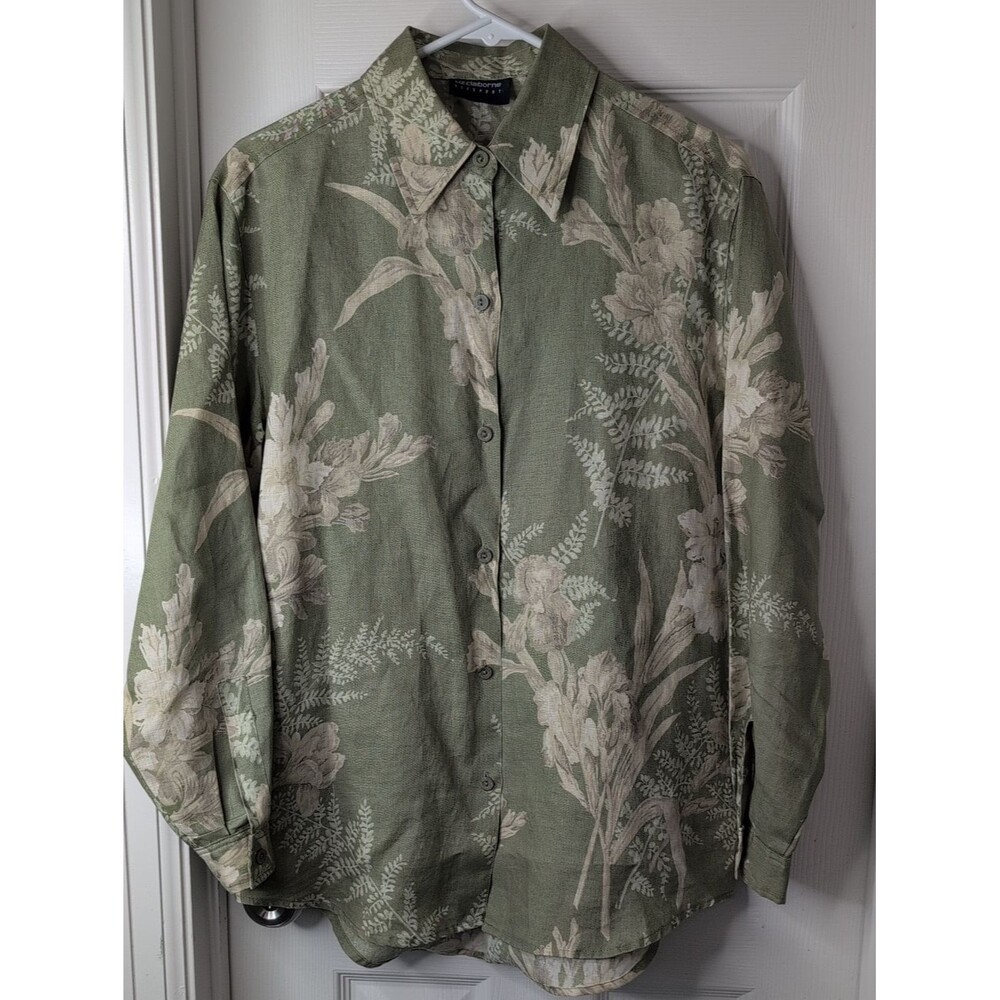 Liz Claiborne Lizsport 100% Linen Olive Green Floral Button-Up Shirt Size S